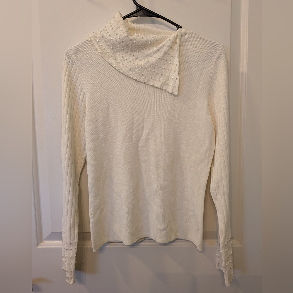 Cabo Elegant Cream Sweater with Beaded Collar and Sleeves Size Large